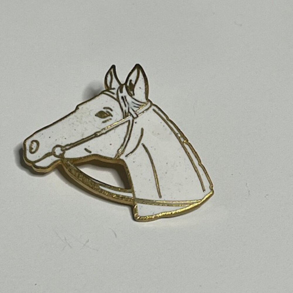 VTG White Enamel Horse Head Design Brooch Lapel Hat Pin 1.5"x1.25" Art Deco